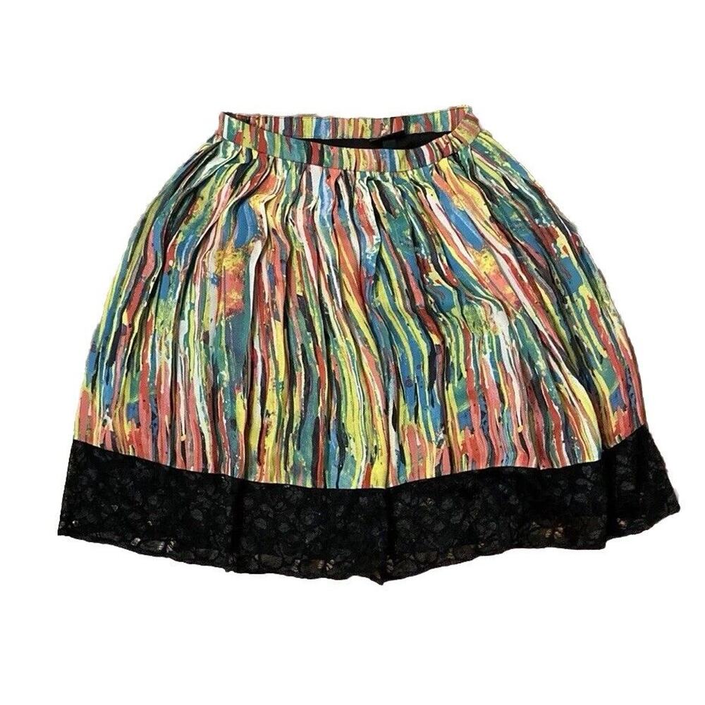 Prabal‎ Gurung Women’s Nolita Pleated Skirt Multicolor Brushstrokes Lace Size 2